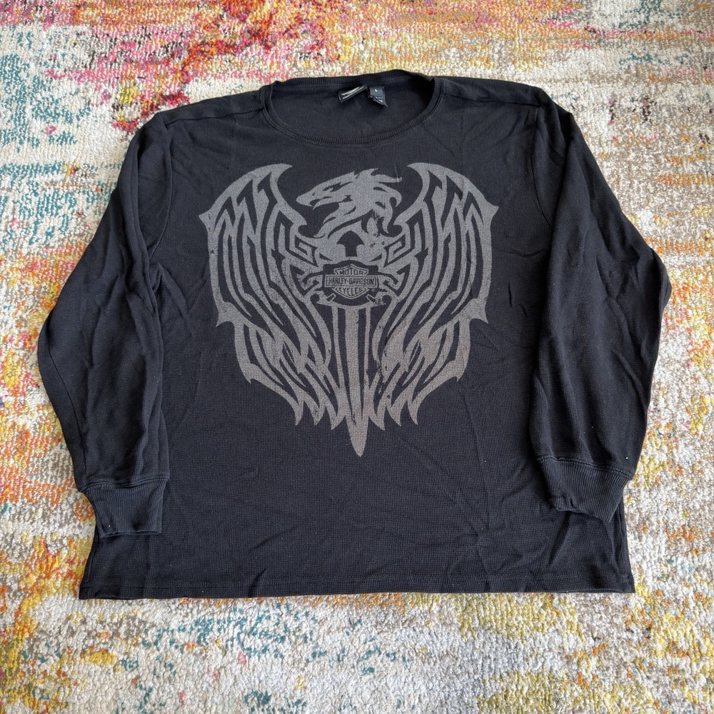 Vintage Y2K Harley Davidson Long Sleeve Thermal Shirt Mens Large Tribal Dragon